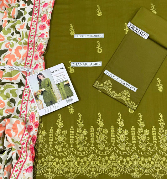 Sapphire Dhanak Embroidered 3 Piece | SP110 - Trendy Casual Outfits - Laiba Rauf