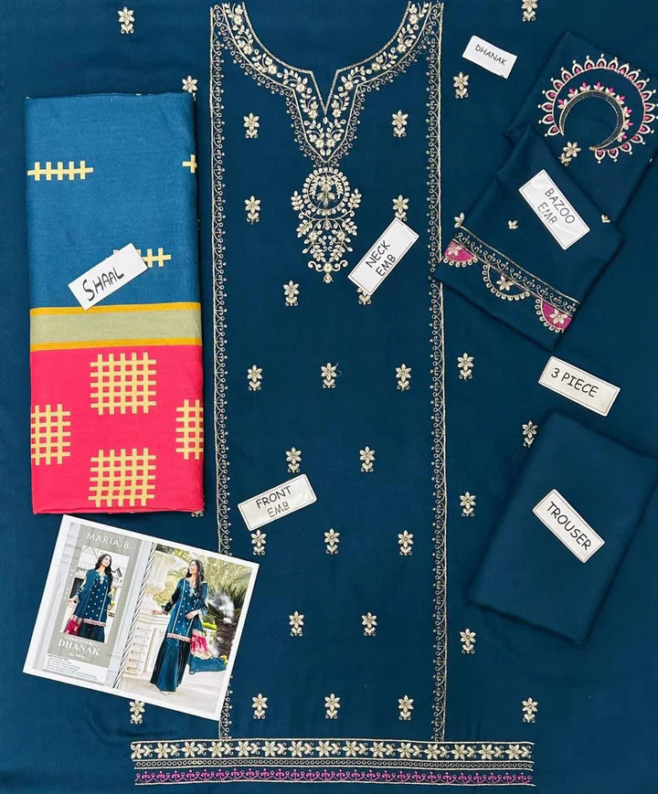 Maria.B Dhanak Embroidered 3 Piece | MB114 - Trendy Casual Outfits - Laiba Rauf