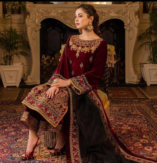 Zainab Chottani Velvet Embroidered 3 Piece | ZC100 - Trendy Casual Outfits - Laiba Rauf