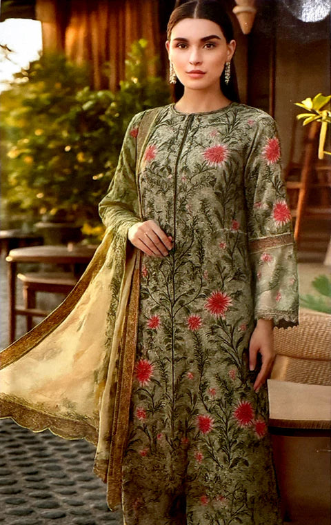 MARIA.B. Linen 3 Piece Digital Printed Olive Green | No Patches | MB104 Laiba Rauf